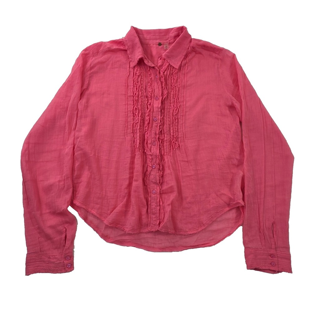 Free People FP One Drew Tuxedo Shirt L Pink Gauze Ruffle‎ Button Down Cropped